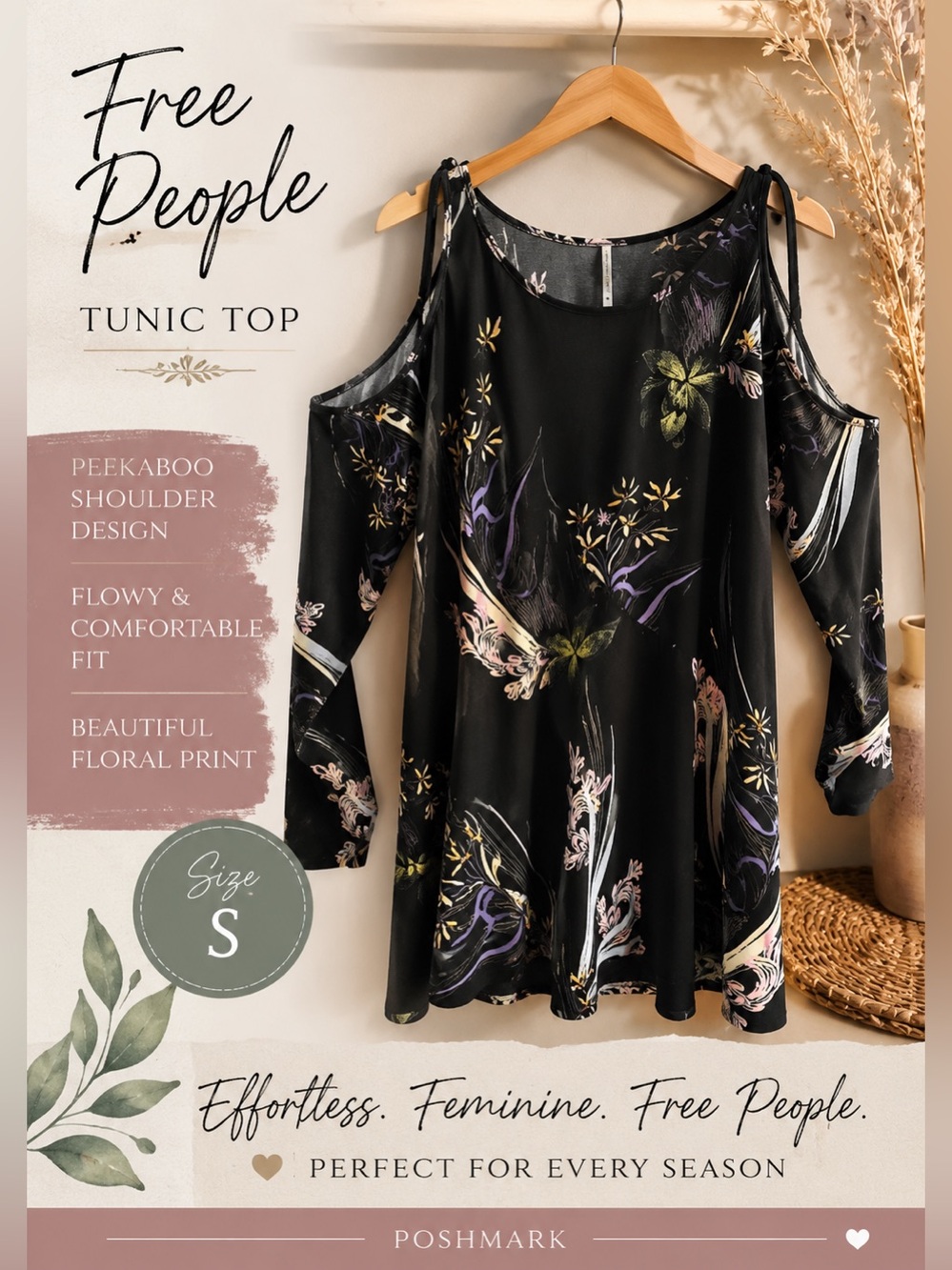 Free People Black Floral Open-Shoulder Tunic Top